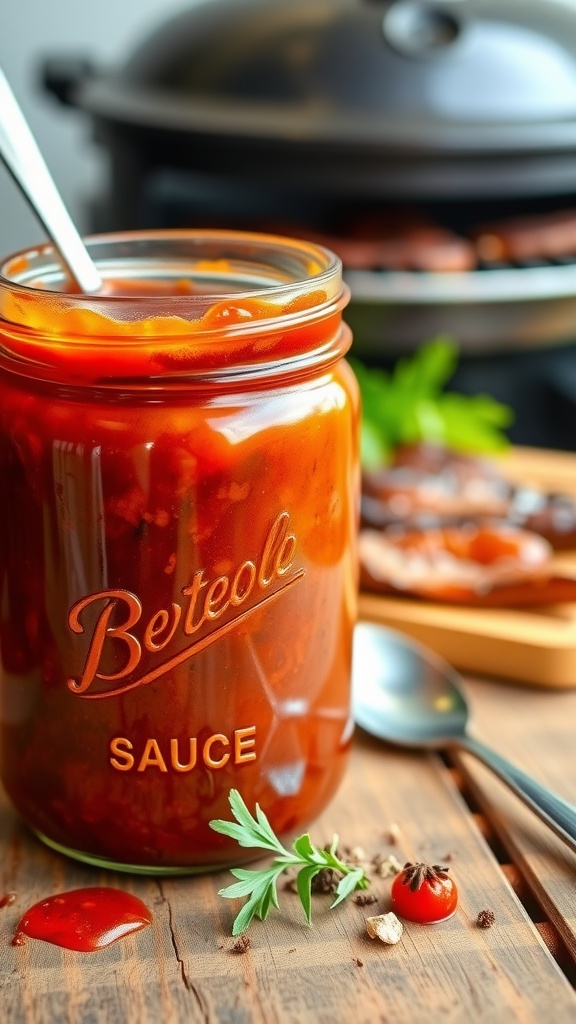 A jar of rich and colorful homemade barbecue sauce with a spoon, placed on a wooden table next to a grill.